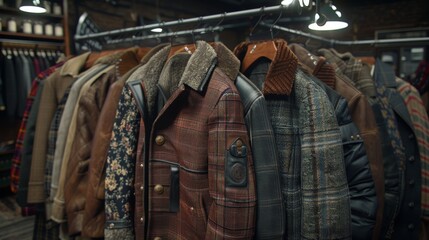 Obraz premium A diverse assortment of stylish and cozy vintage jackets hanging on a clothing rack in a well-lit boutique, ready for fashion-conscious shoppers