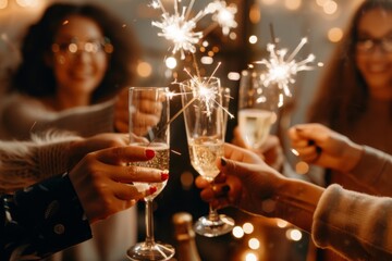Capturing a joyous moment with friends, raising glasses of champagne and sparklers in a festive celebration of togetherness and joyfulness, where smiles shine bright and vibes are lighthearted