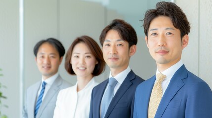 Fototapeta premium Four men and a woman are standing in a line, all wearing suits and ties, business team concept