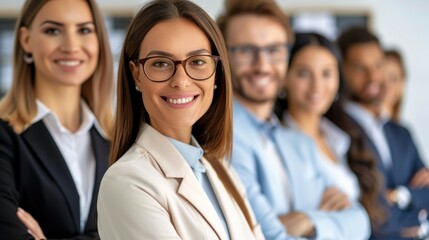 Fototapeta premium A group of people are smiling for a photo, with one woman wearing glasses, business team concept