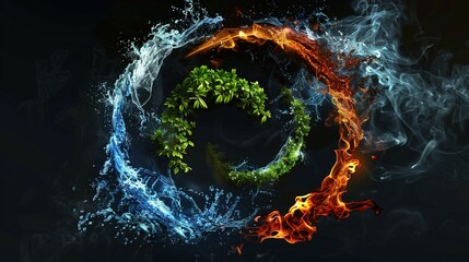 Dramatic Artistic Display of the Four Elements in a Circular Shape on a Dark Background