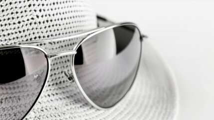 A pair of sunglasses is sitting on top of a straw hat