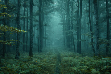 Fototapeta premium An eerie, silent forest with no wildlife, evoking a sense of eeriness. Concept of ecological disaster and silence. Generative Ai.