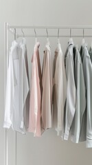 Row of neatly ironed shirts hanging on a rack, minimalist wardrobe concept