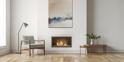 Cozy living room with modern decor and a warm fireplace, interior design concept