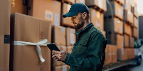 Warehouse worker scanning boxes with handheld scanner.