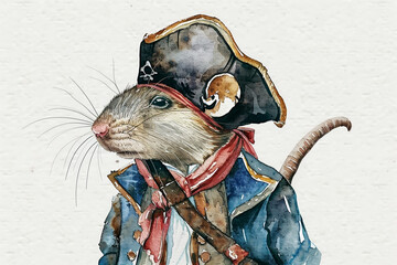 Watercolor illustration of a pirate mouse wearing a hat and coat, animal, art concept