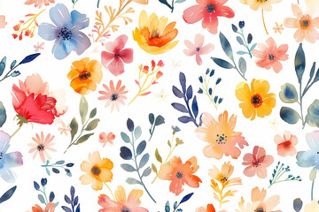 Watercolor floral pattern with various colorful flowers and leaves, seamless design concept
