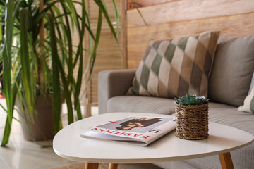Magazine on coffee table and houseplants in living room, closeup