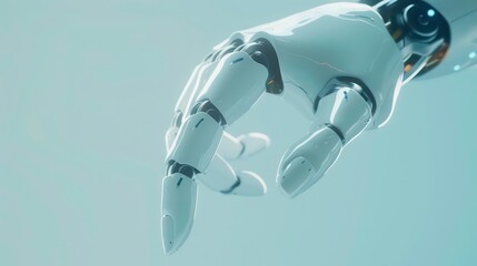 White cyborg finger about to touch human finger on blue background, 3D render robot hand .for artificial intelligence futuristic design concept. Generative AI