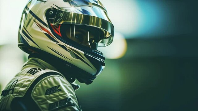 Racer in Helmet Focused on the Track: Close-Up of a Motorsport Athlete Ready for Competition.