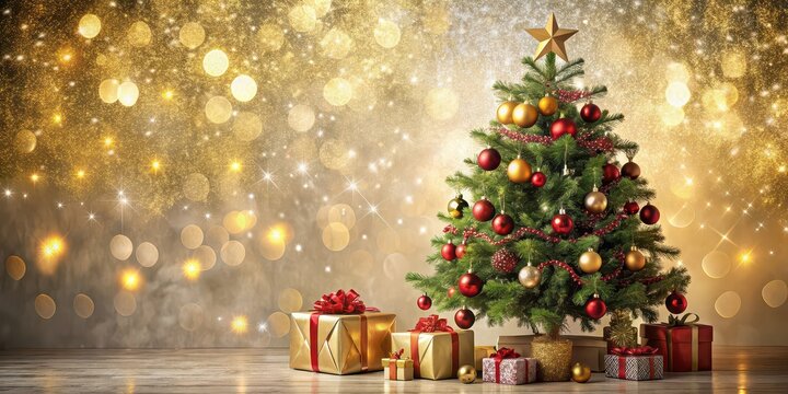 Christmas tree decorations and gifts in a sparkling festive setting , sparkling, festive, ornaments, Christmas tree, decorations, gifts, magical, holiday season, shiny, glitter, lights