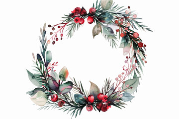 Watercolor illustration of a festive wreath with red berries, green leaves, and pine, holiday decor concept