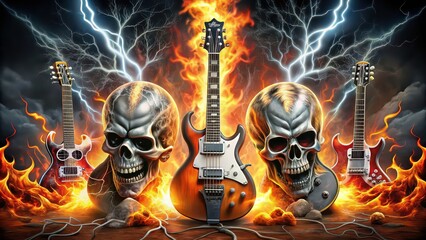 Album cover featuring images of electric guitars, flames, skulls, and lightning bolts in a hard rock style , music, heavy metal, hard rock, album cover, electric guitar, flames