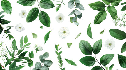Green leaves and flowers on a transparent background