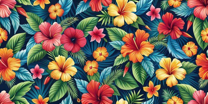 Fototapeta Seamless floral hibiscus background perfect for a Hawaiian shirt fabric pattern design, floral, hibiscus, seamless, background, pattern, Hawaiian, shirt, fabric, tropical, colorful, vibrant