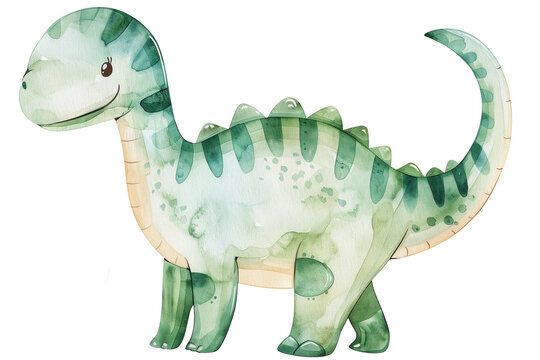 Watercolor illustration of a smiling dinosaur in green shades, cute concept