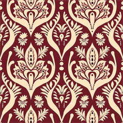 Design an elegant pattern with symmetrical waves and floral motifs in the style of traditional Indian color scheme of maroon