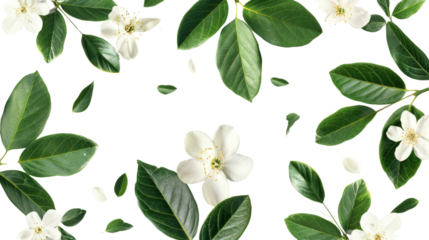 Green leaves and flowers on a transparent background