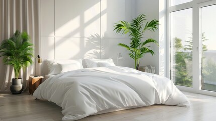 Modern bedroom with white bedding and indoor plants, minimalistic interior design concept.