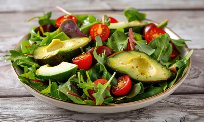 Avocado salad with mixed greens and cherry tomatoes on a light wooden background