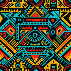 A vibrant, colorful tribal pattern with geometric shapes and intricate patterns in the style of African art. The design includes bold colors like reds, blues, yellows and greens