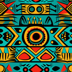 A vibrant, colorful tribal pattern with geometric shapes and intricate patterns in the style of African art. The design includes bold colors like reds, blues, yellows and greens