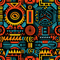 A vibrant, colorful tribal pattern with geometric shapes and intricate patterns in the style of African art. The design includes bold colors like reds, blues, yellows and greens