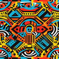 A vibrant, colorful tribal pattern with geometric shapes and intricate patterns in the style of African art. The design includes bold colors like reds, blues, yellows and greens