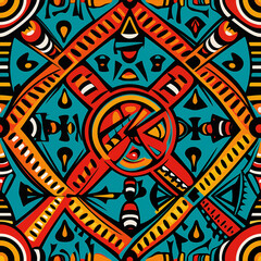 A vibrant, colorful tribal pattern with geometric shapes and intricate patterns in the style of African art. The design includes bold colors like reds, blues, yellows and greens