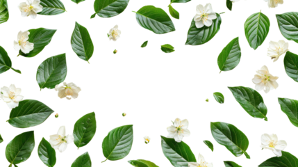 Green leaves and flowers on a transparent background