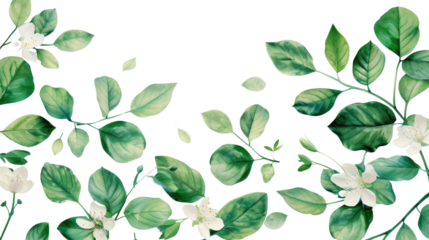 Green leaves and flowers on a transparent background