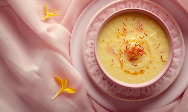 Indian basundi with saffron on a pastel pink plate