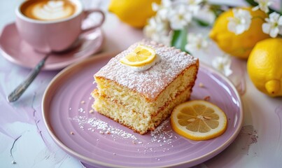 Lemon and almond cake with a cappuccino on a pastel purple plate