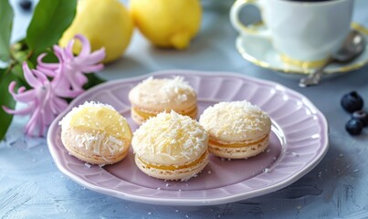 Lemon and coconut macaroons with a cup of coffee on a pastel purple plate