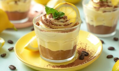 Lemon and coffee mousse in glass cups on a pastel yellow plate