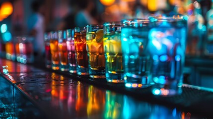 A long bar in a nightclub, a bar with many different colorful alcoholic cocktails in glasses. Gay party celebration. Nightclub interior. Pride Month.