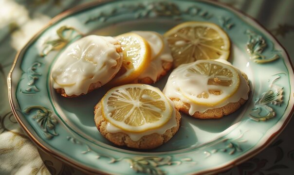Lemon and ginger cookies with lemon glaze on a pastel green plate