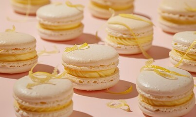 Fototapeta premium Lemon coffee macarons with lemon zest on a light pink background