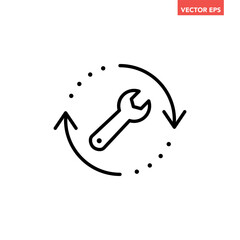 Single black repair update line wrench tool arrow cycle icon, simple flat design vector pictogram, infographic interface elements for app logo web button ui ux isolated on white background