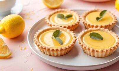 Lemon curd tarts with an Americano on a light pink background