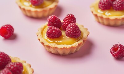 Lemon curd tarts with raspberries on a light pink background