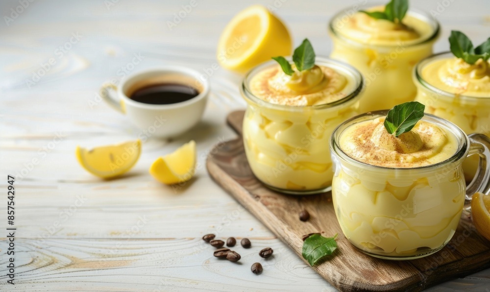 Wall mural Lemon pudding in glass jars with a cup of coffee on a light wooden background