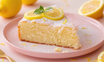 Lemon ricotta cake with a latte on a pastel pink plate