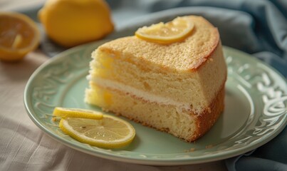 Lemon yogurt cake with lemon slices on a pastel green plate