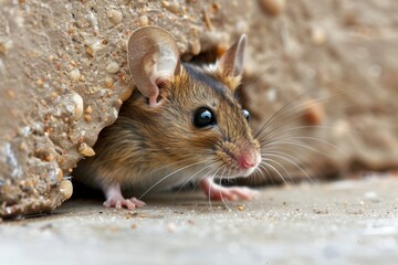 Mouse looking out from hole in concrete surface