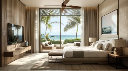 Bedroom interior is in the style of a modern luxury hotel resort, with soft bed linen and large glass windows.