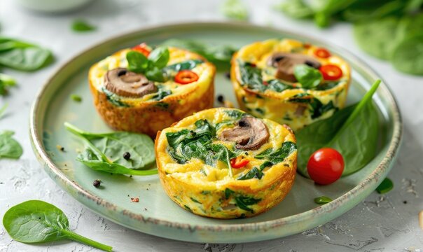 Mini vegetable frittatas with spinach and mushrooms on a pastel green plate