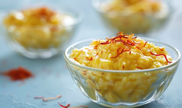 Persian saffron rice pudding on a light blue background