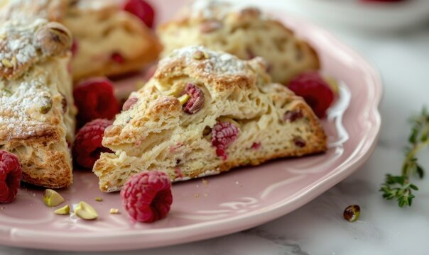 Pistachio and raspberry scones on a pastel pink plate